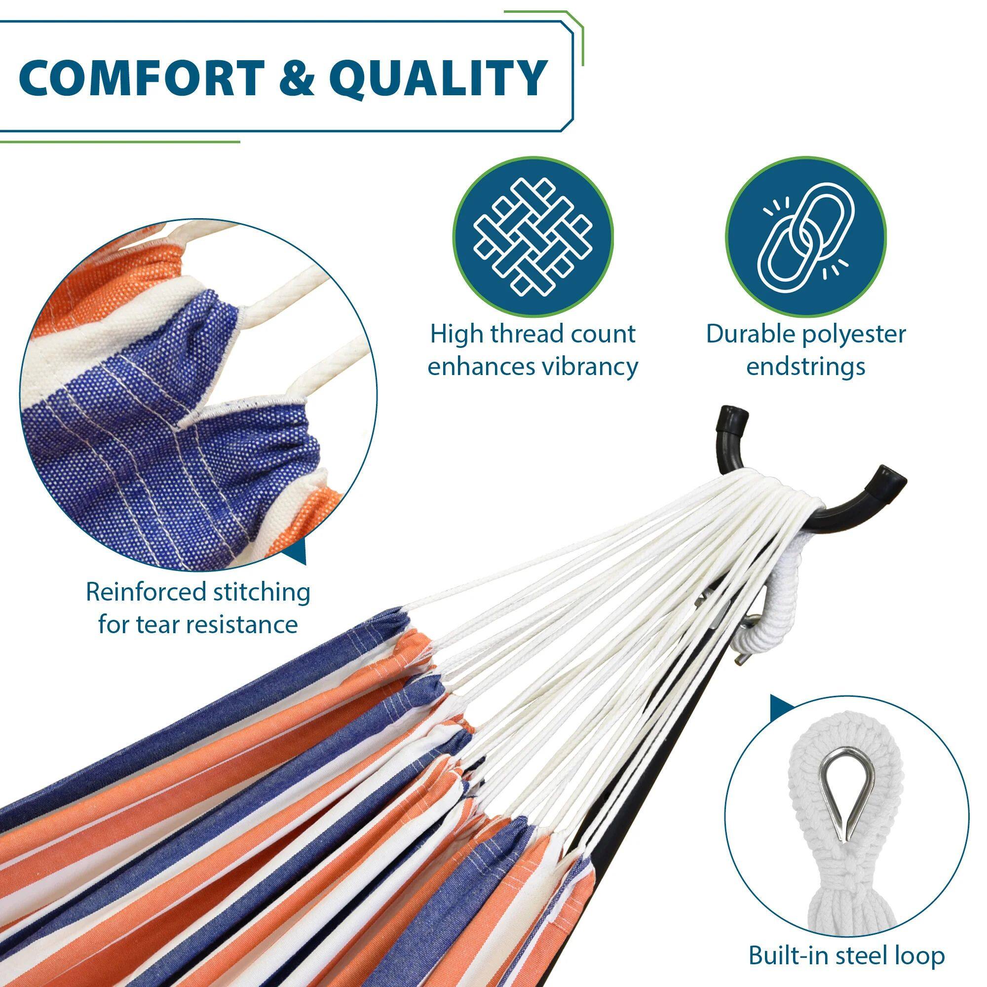 COMFORT & QUALITY

- High thread count enhances vibrancy
- Durable polyester endstrings
- Reinforced stitching for tear resistance
- Built-in steel loop