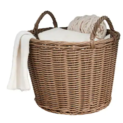Front. Boyel Living - Chocolate Brown Round Cone Resin Wicker Storage Basket with Handles 16-in L x 16-in W x 10.5-in H for Home Organization - Chocolate Brown.