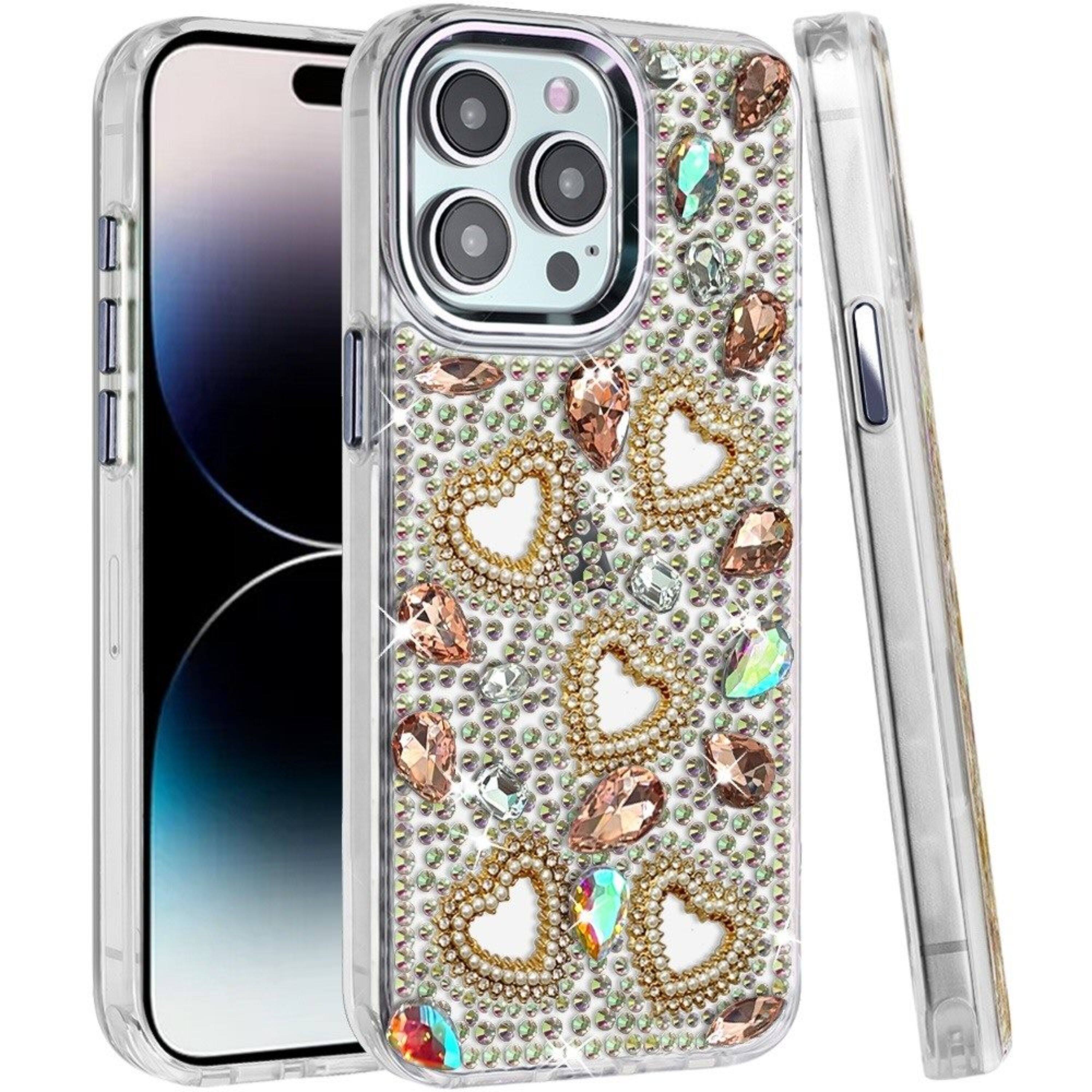 Angle. Kitcheniva - Full Bling Hearts And 3D Jewel Ornaments Case For iPhone 14 Pro Max Champagne - Champagne.