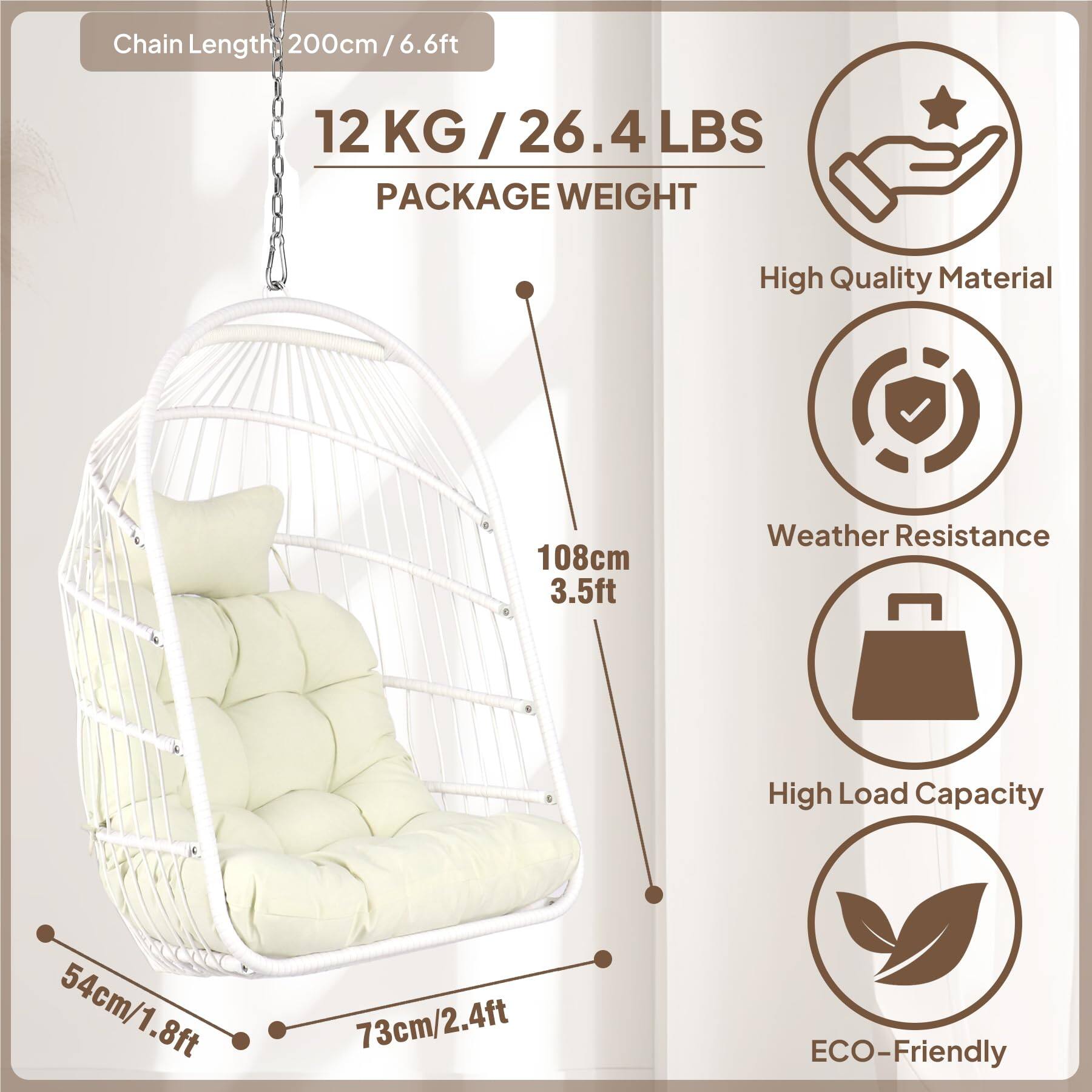 - Chain Length: 200cm / 6.6ft
- Package Weight: 12 KG / 26.4 LBS
- High Quality Material
- Weather Resistance
- High Load Capacity
- ECO-Friendly
- Dimensions: 108cm / 3.5ft (height), 54cm / 1.8ft (width), 73cm / 2.4ft (depth)