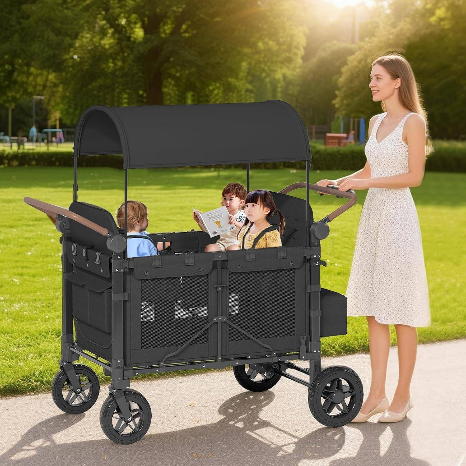 Alt View 7. Circus Cirle - 4 Seater Foldable Stroller Wagon with Storage Bags.