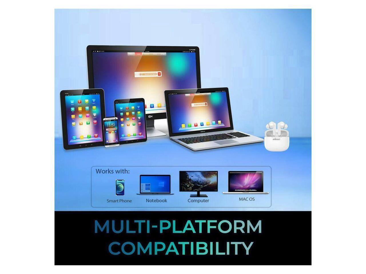 E 11:45 adossc Works with: Smart Phone Notebook Computer AC os MULTI-PLATFORM COMPATIBILITY