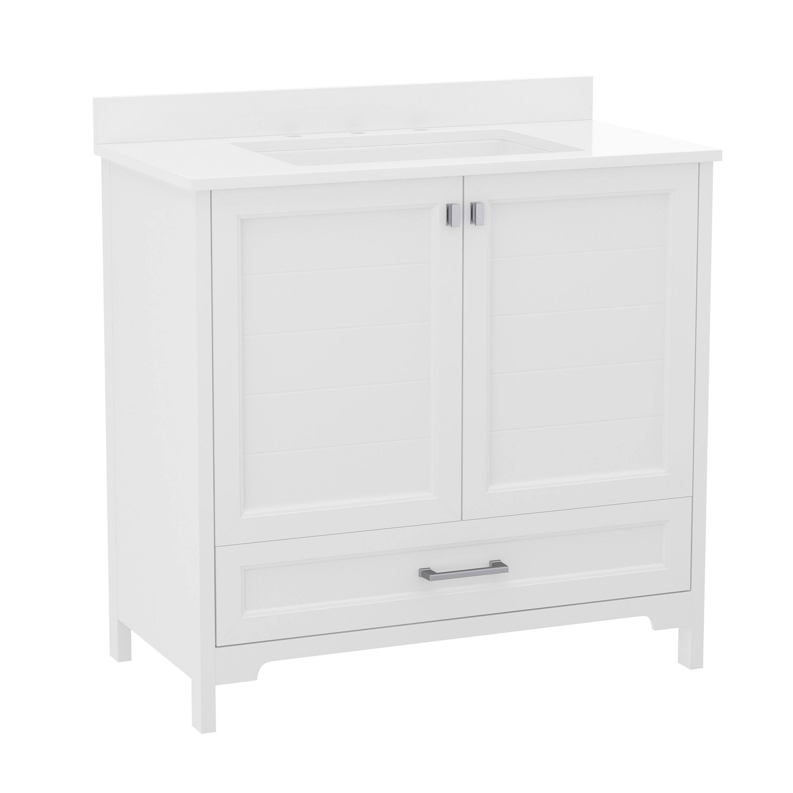 Front. Flash Furniture - Haven 36 Inch Bathroom Vanity with Sink, Storage Cabinet with Soft Close Doors and Bottom Drawer, Carrara Marble Finish - White.