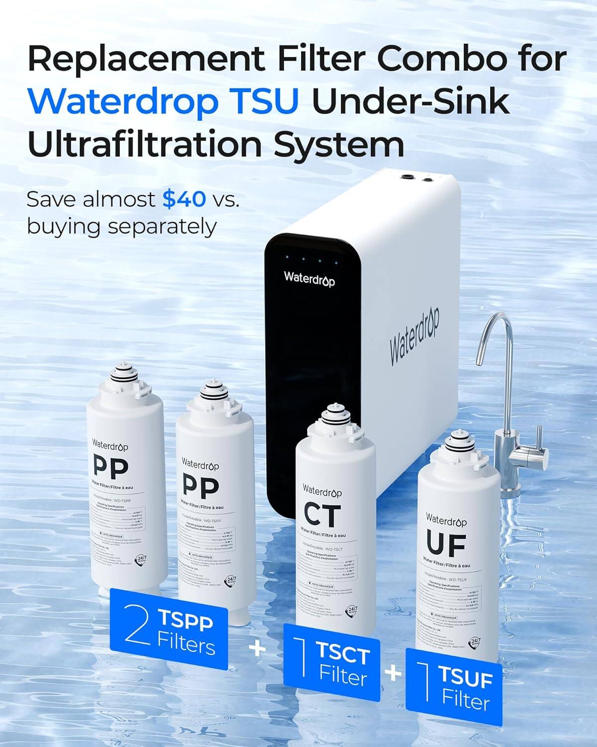 Replacement Filter Combo for Waterdrop TSU Under-Sink Ultrafiltration System  
Save almost $40 VS. buying separately  

Waterdrop PP Waterdrop & I - PP Filtre a card WO 2 TSPP Filters  
+  
Waterdrop CT Waterdrop VitanTiture 1 - INC. TOCT UF Films Filtre A COV WO-TSUF TSCT Filter + TSUF 14 Filter