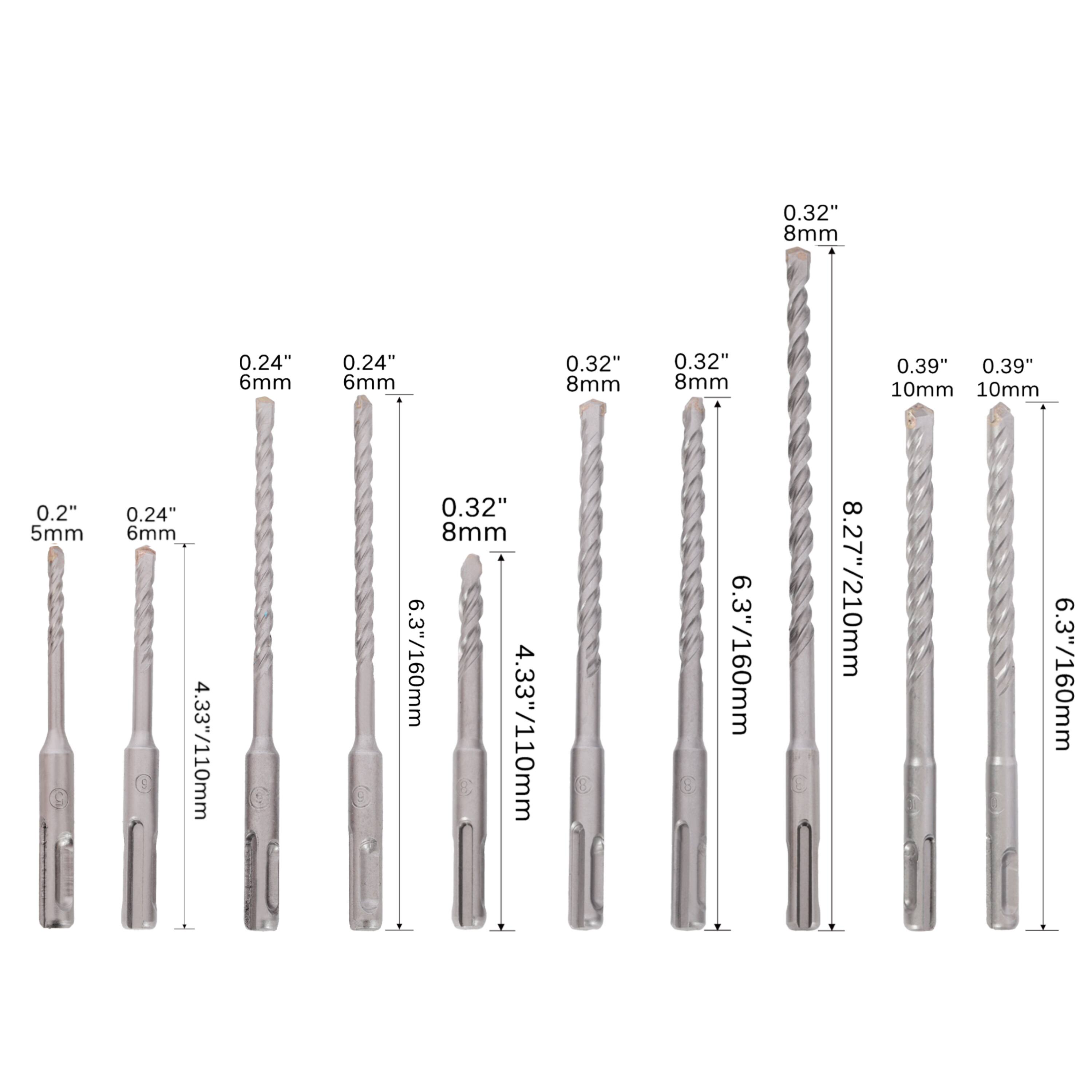0.32" 8mm  
0.24" 6mm  
0.24" 6mm  
0.32" 8mm  
0.32" 8mm  
0.39" 10mm  
0.39" 10mm  
0.2" 5mm  
0.24" 6mm  
4.33"/110mm  
0.32" 8mm  
6.3"/160mm  
4.33"/110mm  
6.3"/160mm  
8.27"/210mm  
6.3"/160mm