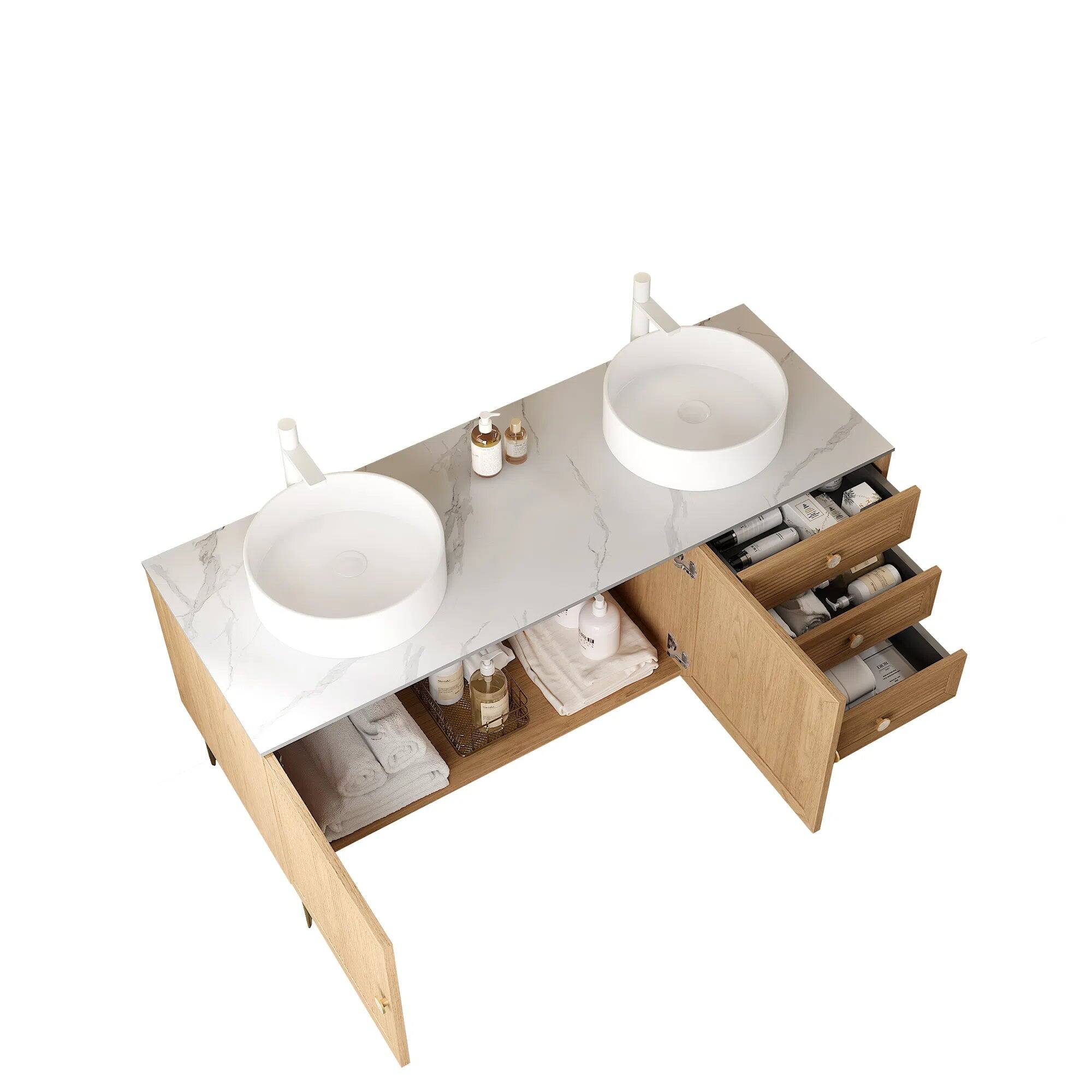 Alt View 4. Boyel Living - 60 Bathroom Vanity with 2 Sinks Freestanding Plywood Cabinet 3 Drawers 2 Doors White Ceramic Basin Oak - White+Oak.