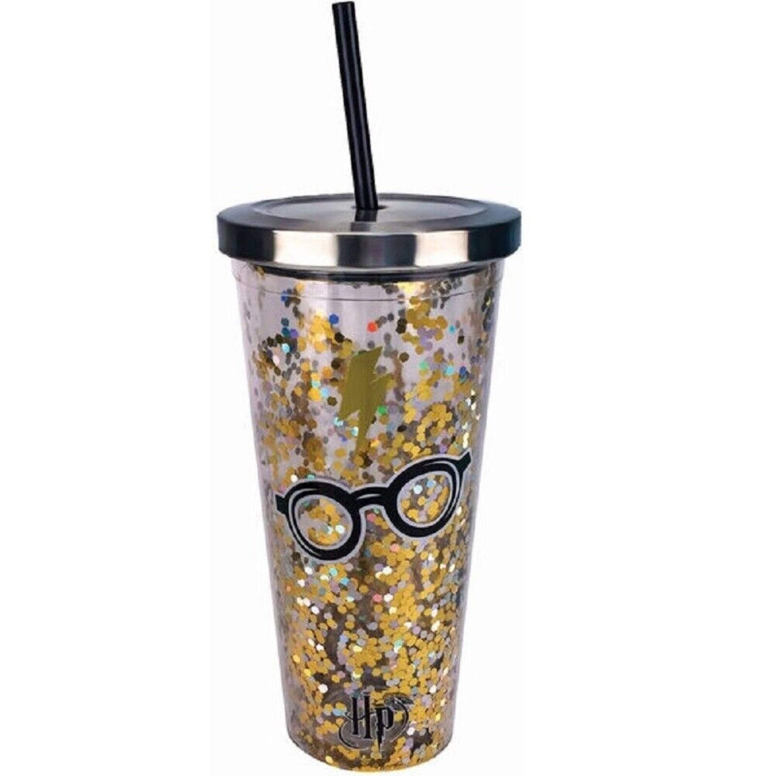 Angle. Spoontiques - Spoontiques Harry Potter Glasses Double Walled Insulated Acrylic Tumbler Glitter Cup with Straw 20 ounce - Multicolor.