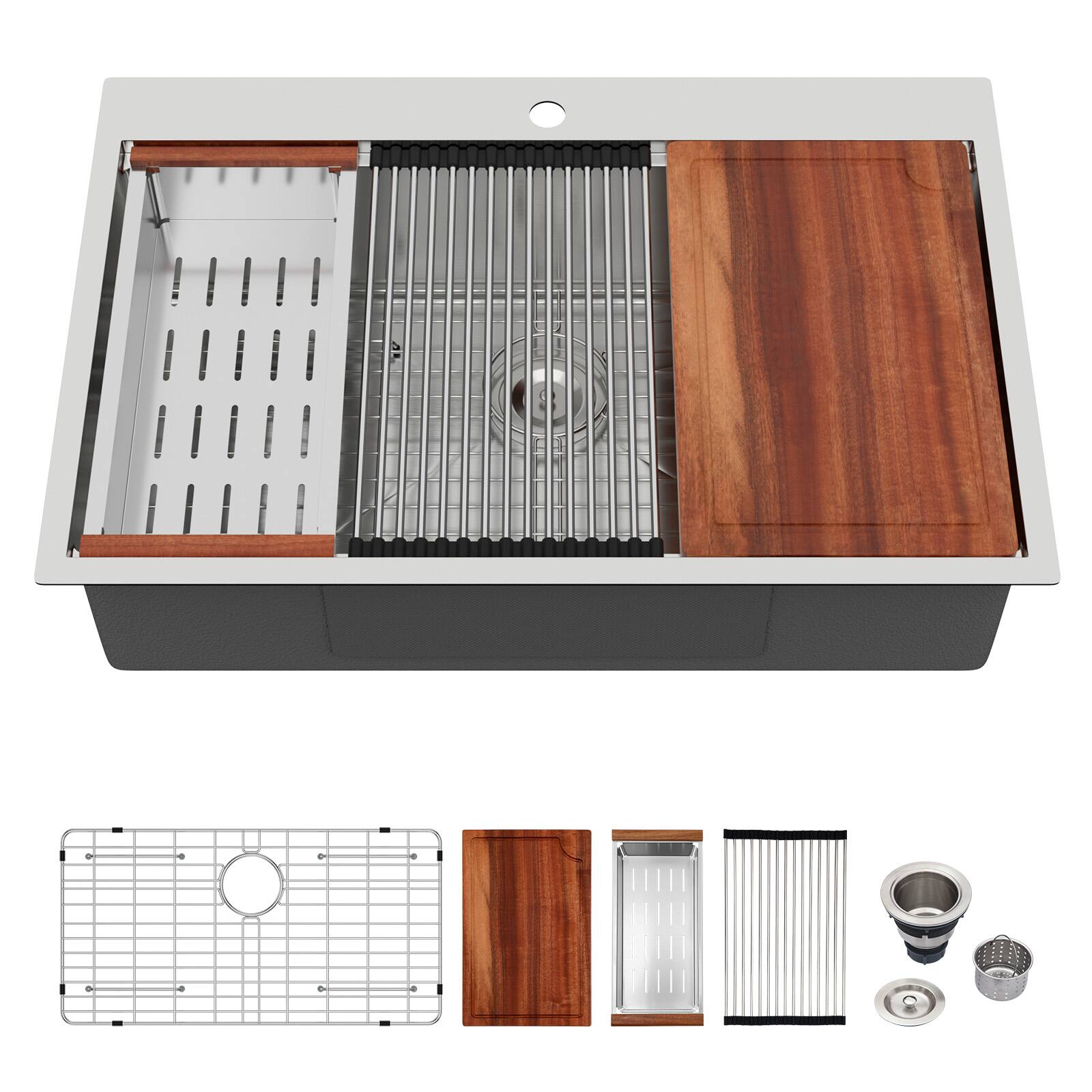 Left. Siljoy - 30 Drop In Kitchen Sink 30 x 22 x 9 inch Topmount Ledge Workstation 16 Gauge Stainless Steel Single Bowl Kitchen Sink - Brushed Nickel.