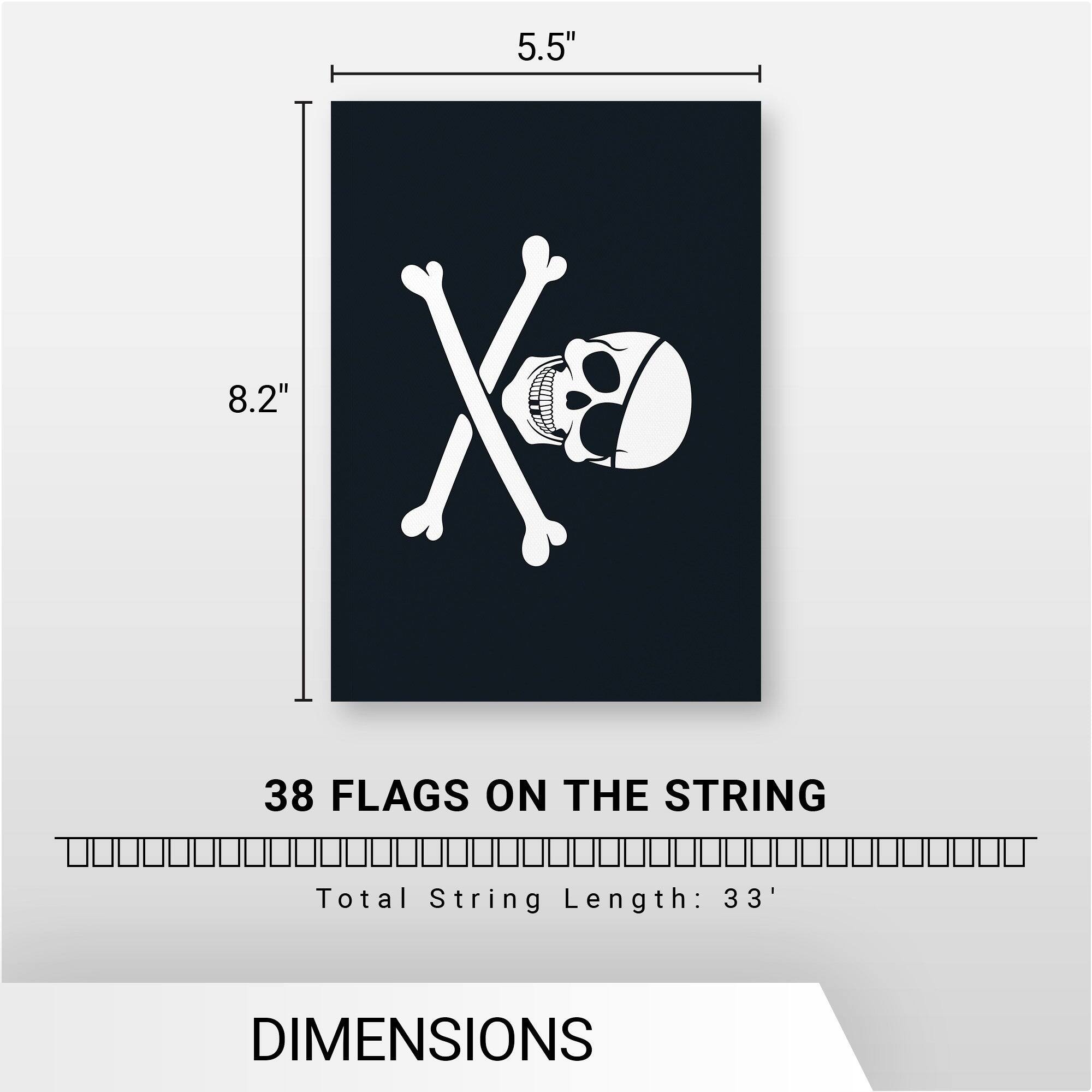 5.5"  
8.2"  
38 FLAGS ON THE STRING  
Total String Length: 33'  
DIMENSIONS