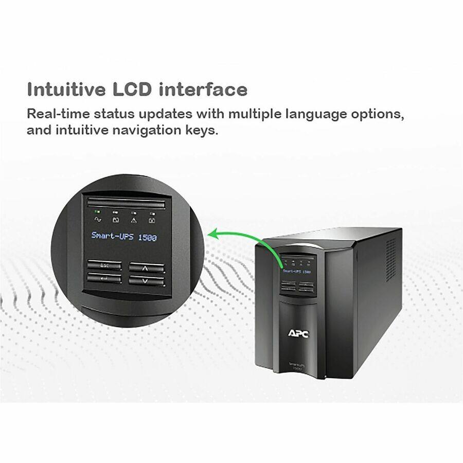 Intuitive LCD interface  
Real-time status updates with multiple language options, and intuitive navigation keys.  

Smart-UPS 1500  
APC