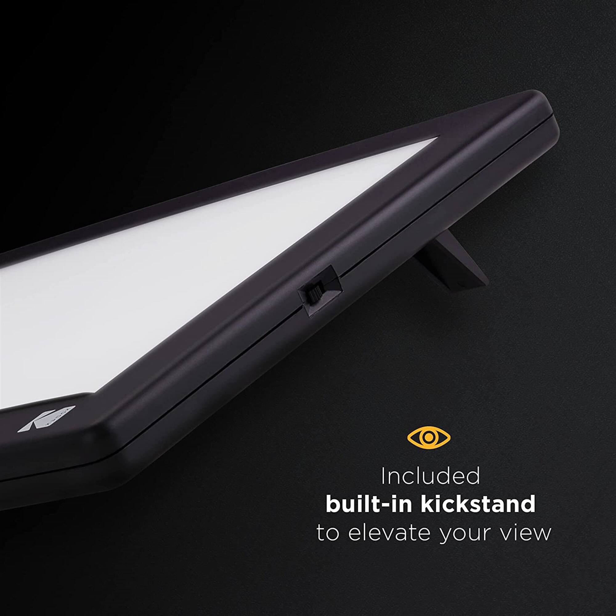 O Included built-in kickstand to elevate your view