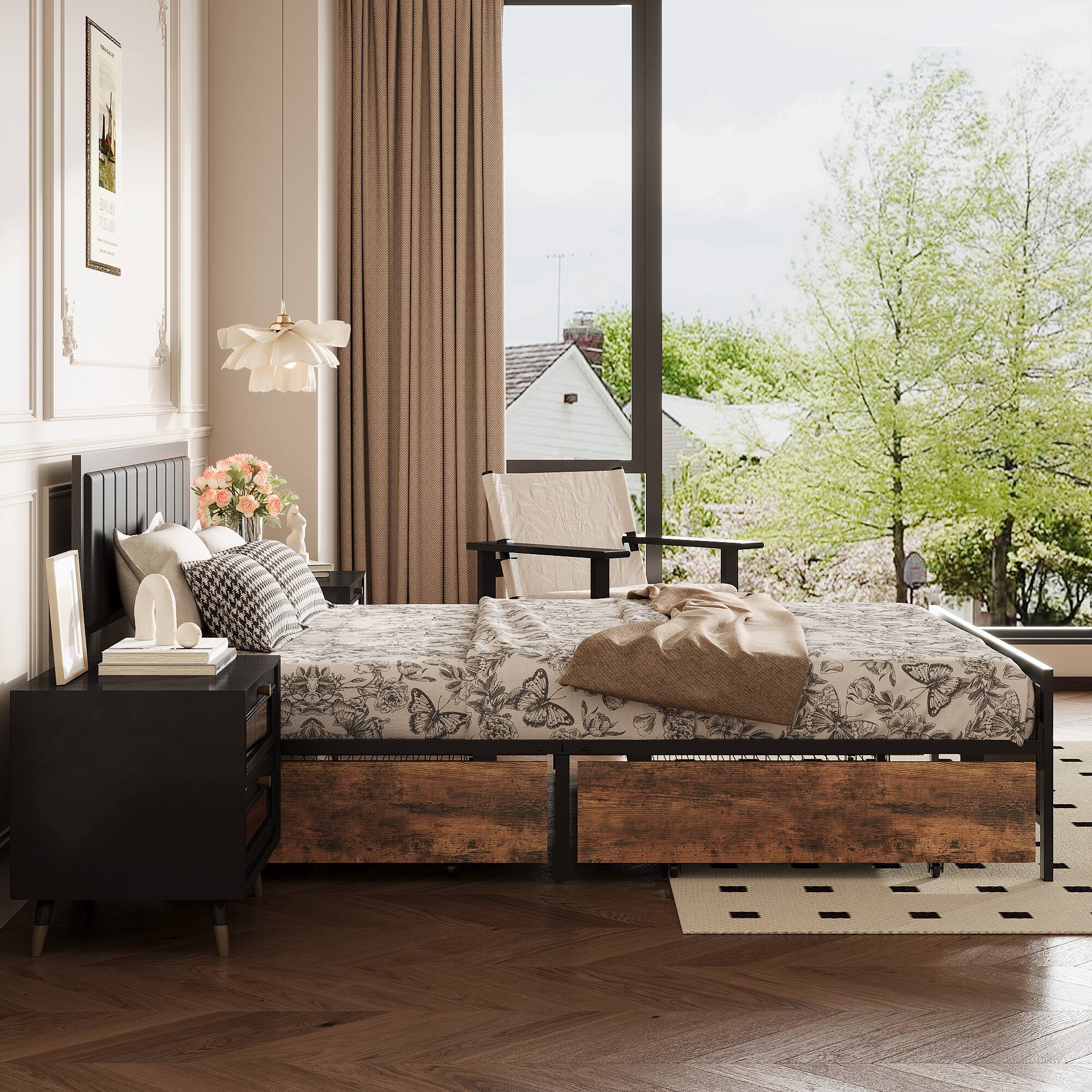 Back. Dyonery - Queen Size Bed Frame, Metal Platform Bed Frame with Wooden Headboard with Rivet, Large Under-Bed Storage. - Brown.