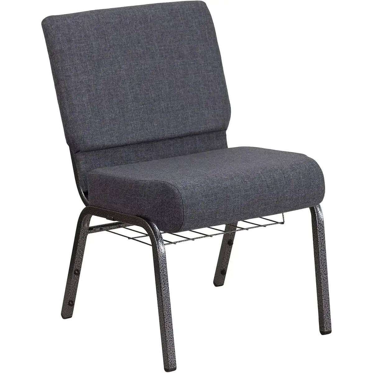 Flash Furniture - HERCULES Series Church Chair with Book Rack and 4" Waterfall Seat - Dark Gray Fabric/Silver Vein Frame