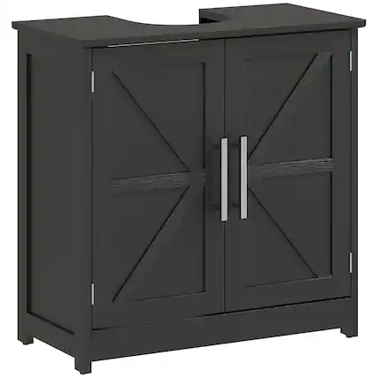 Front. Homcom - Pedestal Sink Storage Cabinet, Farmhouse Freestanding Bathroom Sink Cabinet with 2 Barn Doors and Adjustable Shelf - Black.