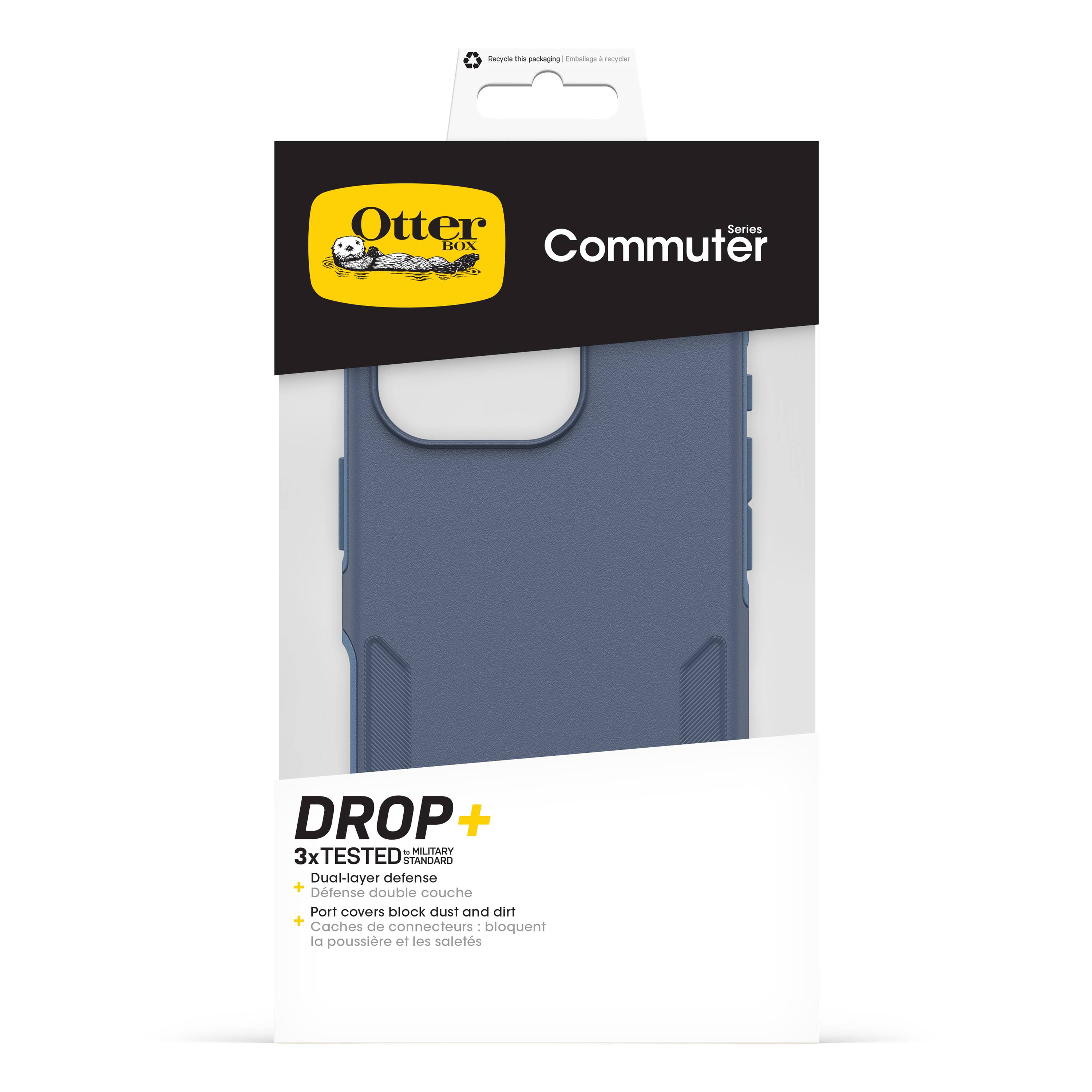 The text on the image reads: "Otter Series BOX Commuter DROP + - MILITARY 3x TESTED STANDARD Dual-layer defense + Port covers block dust and dirt + Catches de connecteurs bloquent la poussière et les salets."
