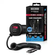 PRO SERIES XTREME POWER 60W PD USB-C + QC USB-A CAR CHARGER 4FT WITH USB-C COIL CABLE - 4PD USB-C CABLE POWER DELIVERY CHARGING QUICK CHARGE ON THE GO