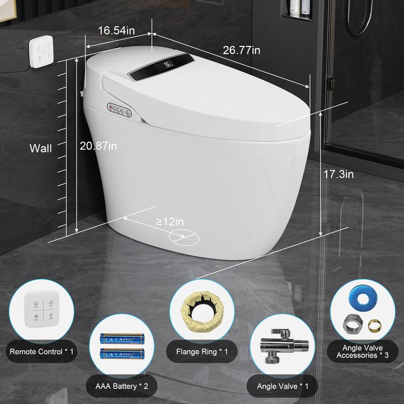 16.54in  
26.77in  
Wall 20.87in  
17.3in  
≥12in  

Remote Control * 1  
AAA Battery * 2  
Flange Ring * 1  
Angle Valve * 1  
Angle Valve Accessories * 3