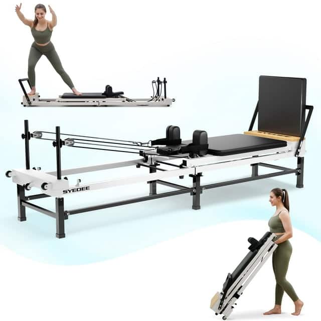 Front. Syedee - Syedee Foldable Pilates Reformer Machine, Balanced Body Pilates Exercise Equipment with Jump Board and Storage Bag - White.