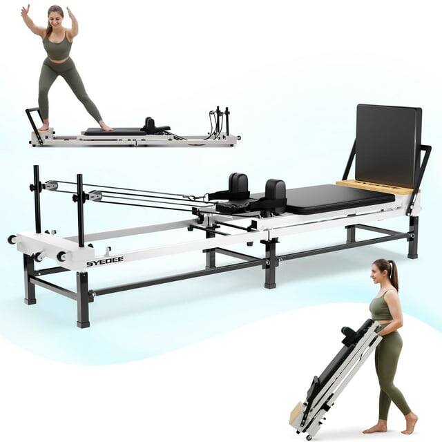 Syedee - Foldable Pilates Reformer Machine, Balanced Body Pilates Exercise Equipment with Jump Board and Storage Bag - White