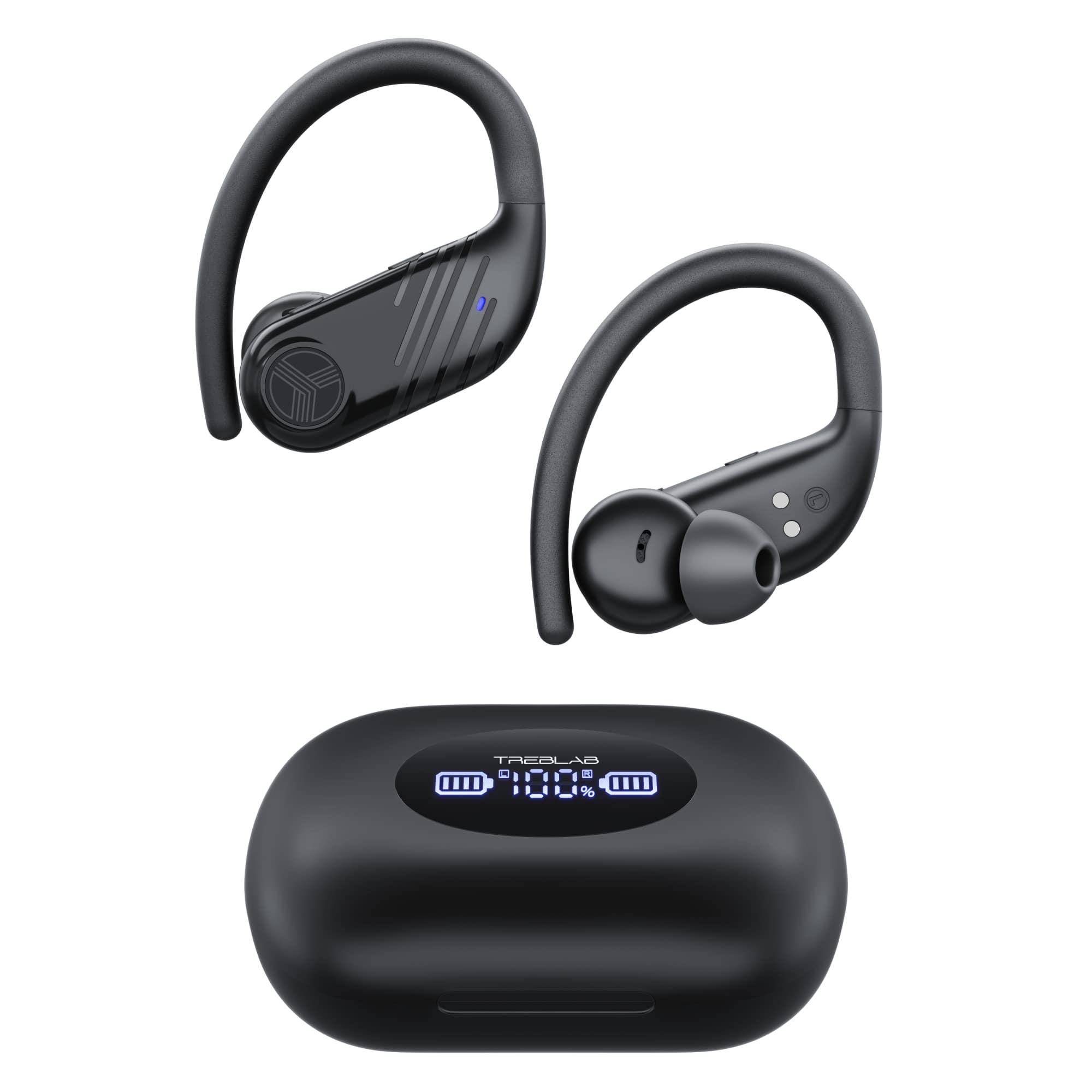 TREBLAB - X3 Pro - Workout True Wireless Earbuds, Comfortable Earhooks, Bluetooth 5.3, Punchy Bass, Noise Isolation, 145H Playtime - Black with black logo