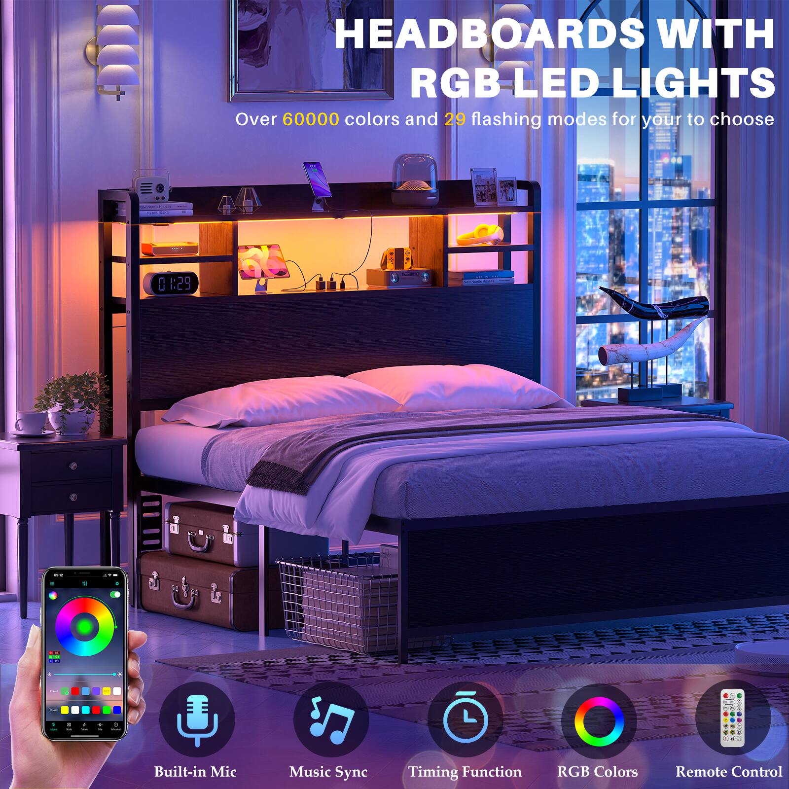 HEADBOARDS WITH RGB LED LIGHTS

Over 60000 colors and 29 flashing modes for your to choose

Built-in Mic
Music Sync
Timing Function
RGB Colors
Remote Control
