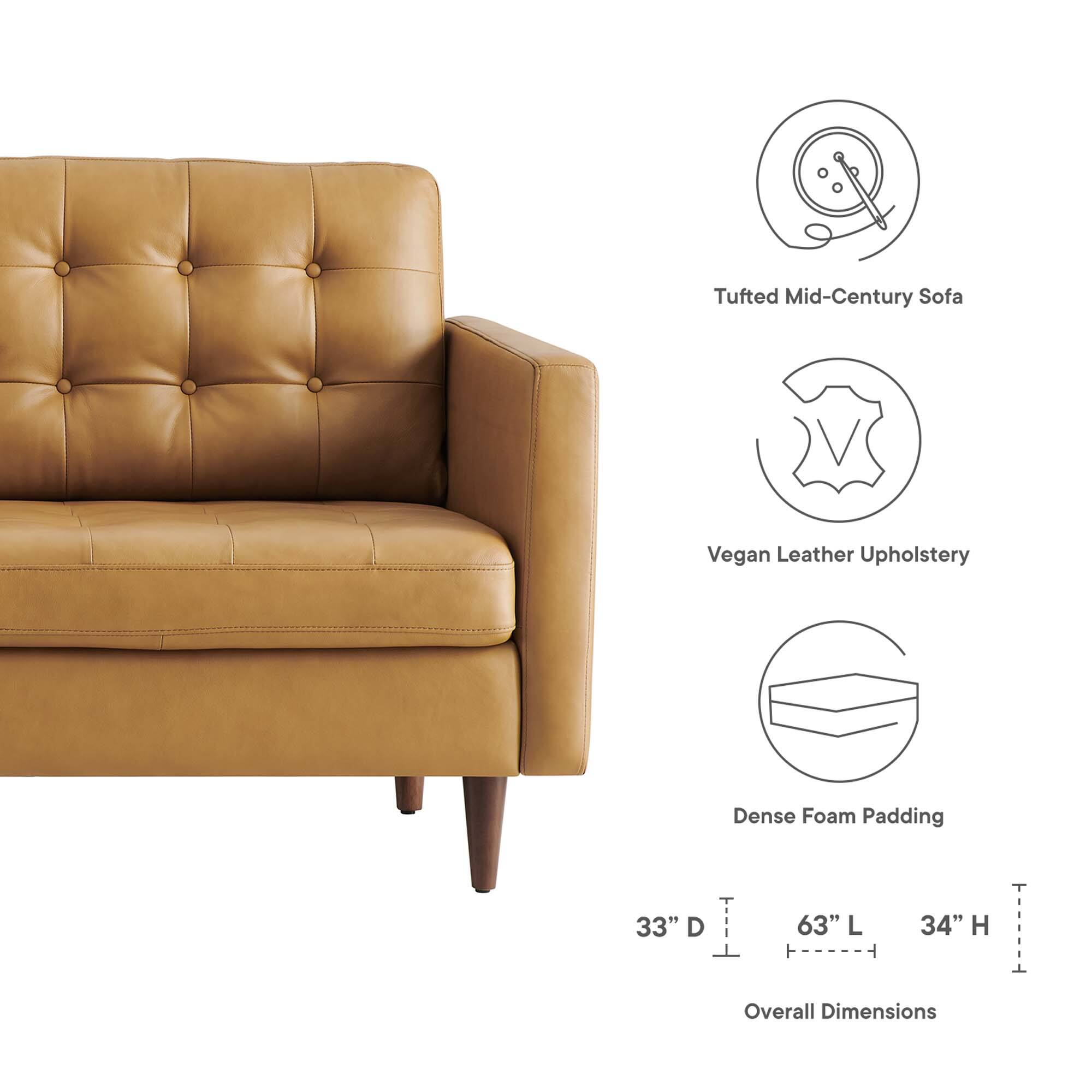 Tufted Mid-Century Sofa  
Vegan Leather Upholstery  
Dense Foam Padding  

33" D  
63" L  
34" H  

Overall Dimensions