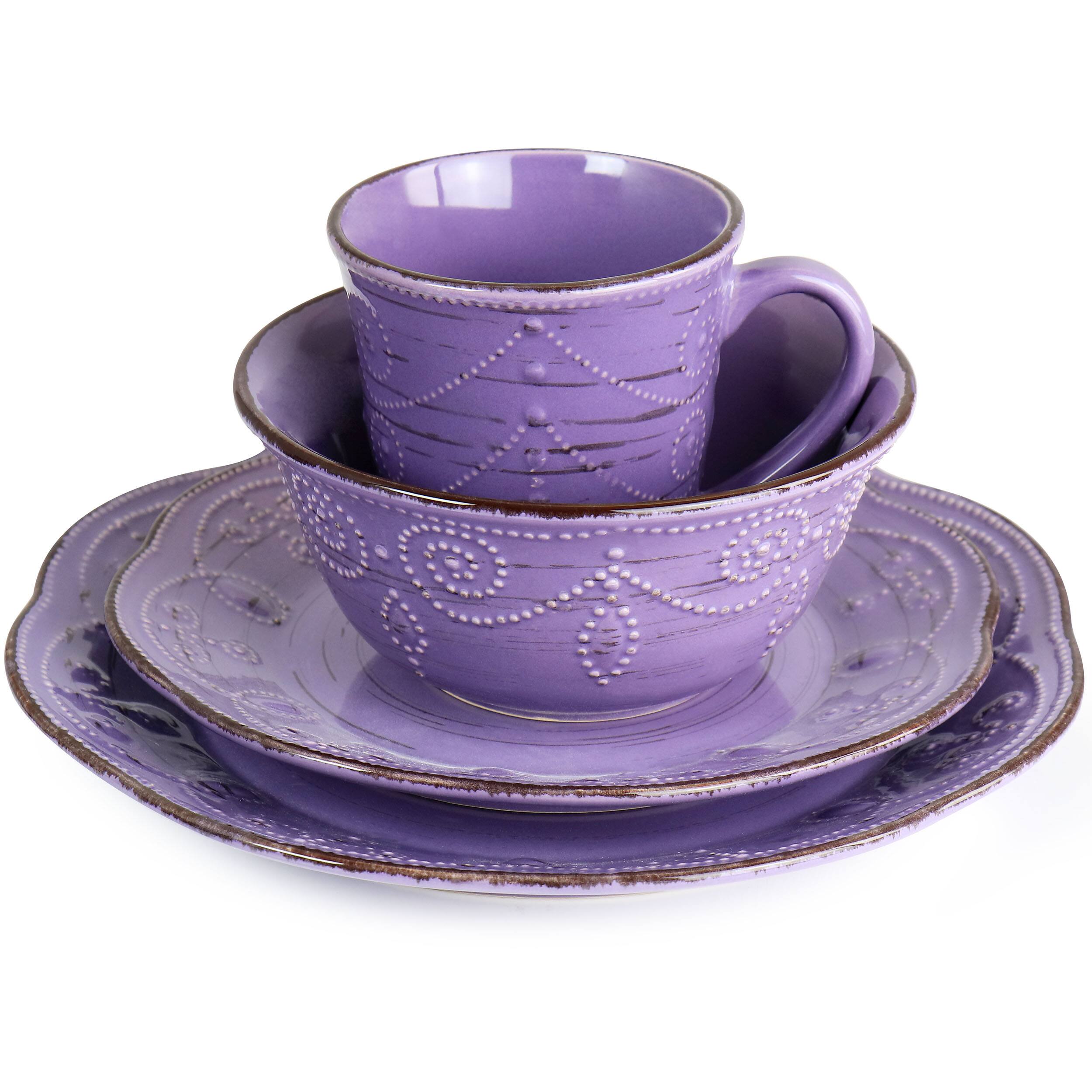 Alt View 2. Elama - Elama Rustic Birch 16 Piece Stoneware Dinnerware Set in Purple - Purple.