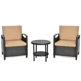 Costway - 3PCS Patio Rattan Furniture Set Cushioned Sofa Storage Table W/ Shelf Garden - Brown