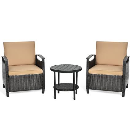 Front. Costway - Costway 3PCS Patio Rattan Furniture Set Cushioned Sofa Storage Table W/ Shelf Garden - Brown.