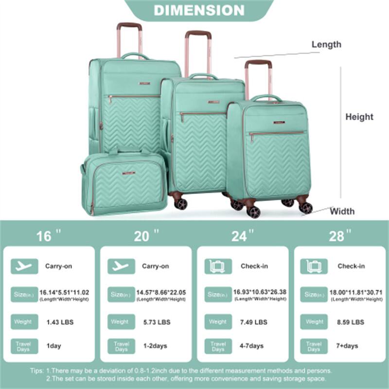 DIMENSION  
Length Height Width  

16"  
Carry-on  
Size: 16.14" x 5.51" x 11.02" (Length x Width x Height)  
Weight: 1.43 LBS  
Travel Days: 1 day  

20"  
Carry-on  
Size: 14.57" x 8.66" x 22.05" (Length x Width x Height)  
Weight: 5.73 LBS  
Travel Days: 1-2 days  

24"  
Check-in  
Size: 16.93" x 10.63" x 26.38" (Length x Width x Height)  
Weight: 7.49 LBS  
Travel Days: 4-7 days  

28"  
Check-in  
Size: 18.00" x 11.81" x 30.71" (Length x Width x Height)  
Weight: 8.59 LBS  
Travel Days: 7+ days  

Tips:  
1. There may be a deviation of 0.8-