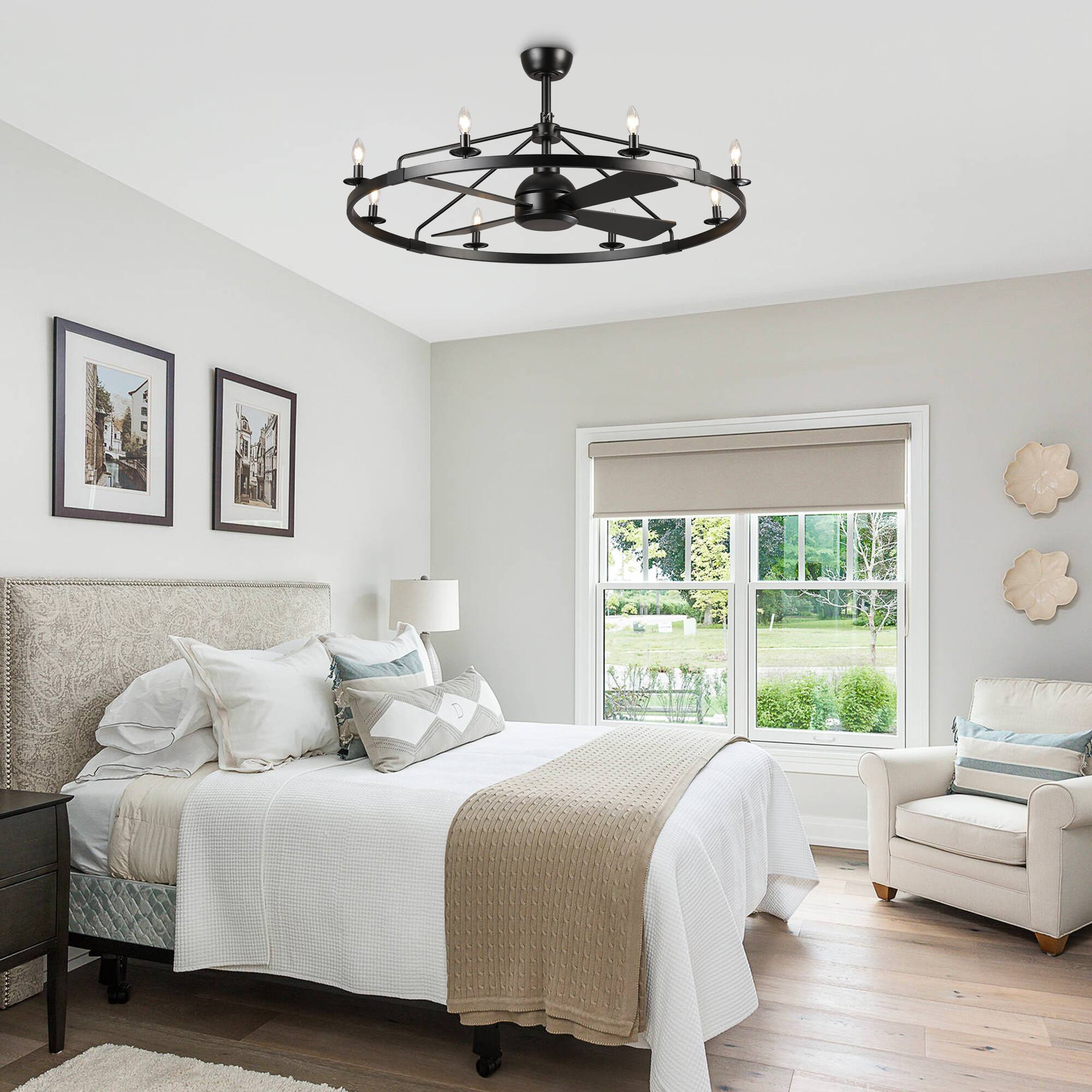Left. Vaczon - 43" Industrial Matte Black Caged Wagon Wheel Rustic Chandelier Ceiling Fan with Remote - Matte Black.