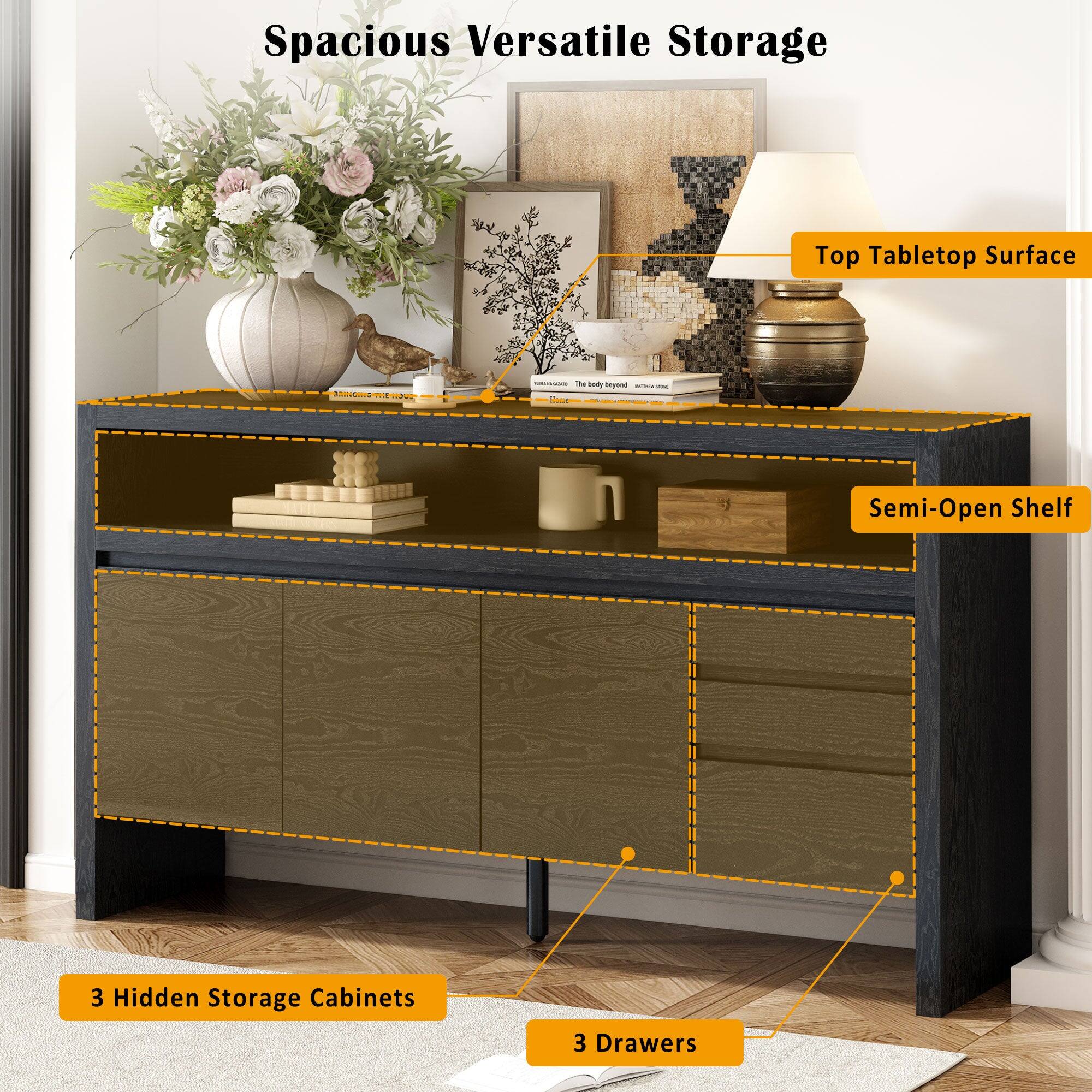 Spacious Versatile Storage

- Top Tabletop Surface
- Semi-Open Shelf
- 3 Hidden Storage Cabinets
- 3 Drawers