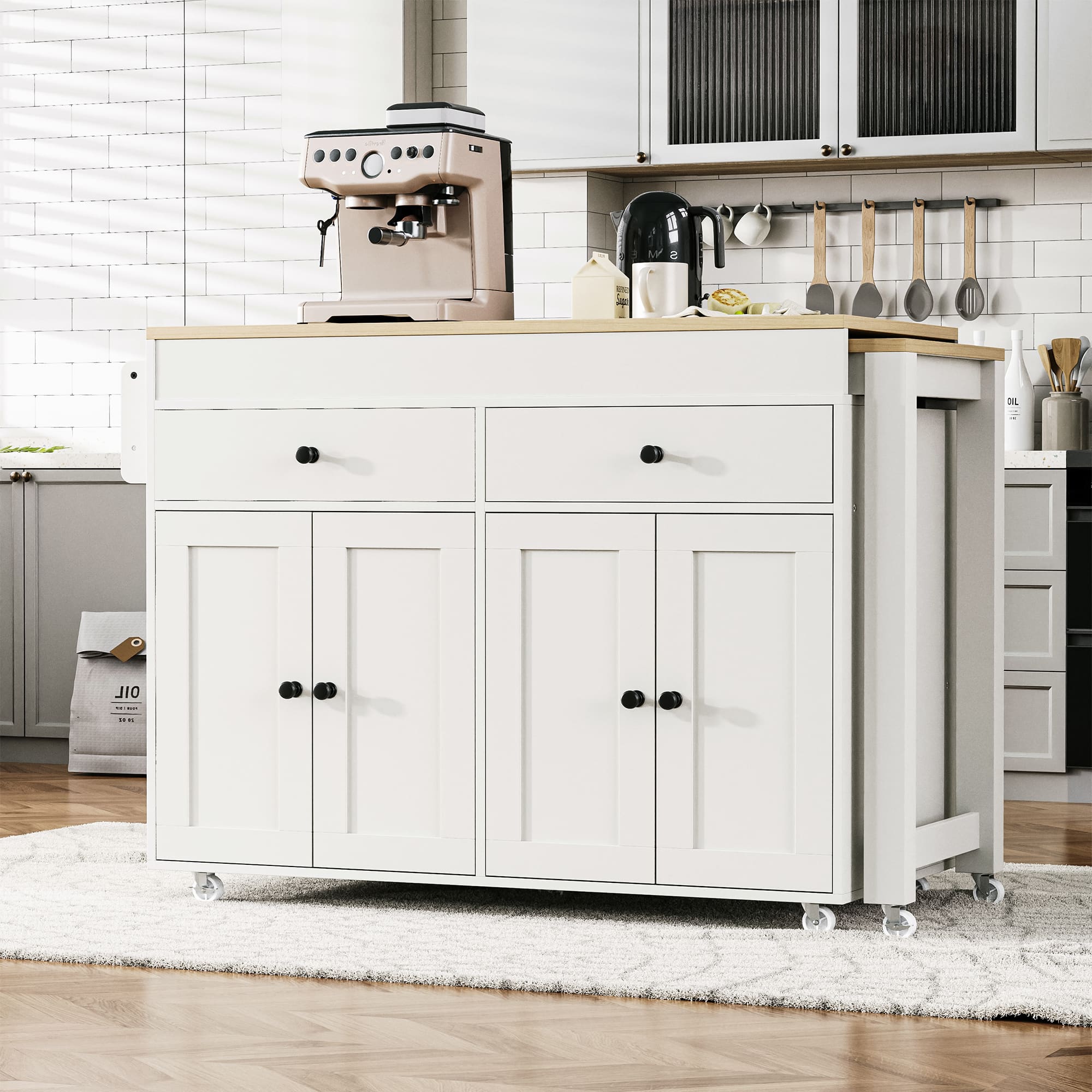 PexFix - 74.5" Kitchen Island with Extendable Dining Table - Rolling Cart with 4-Door Cabinet, 2 Drawers & Spice Rack - White