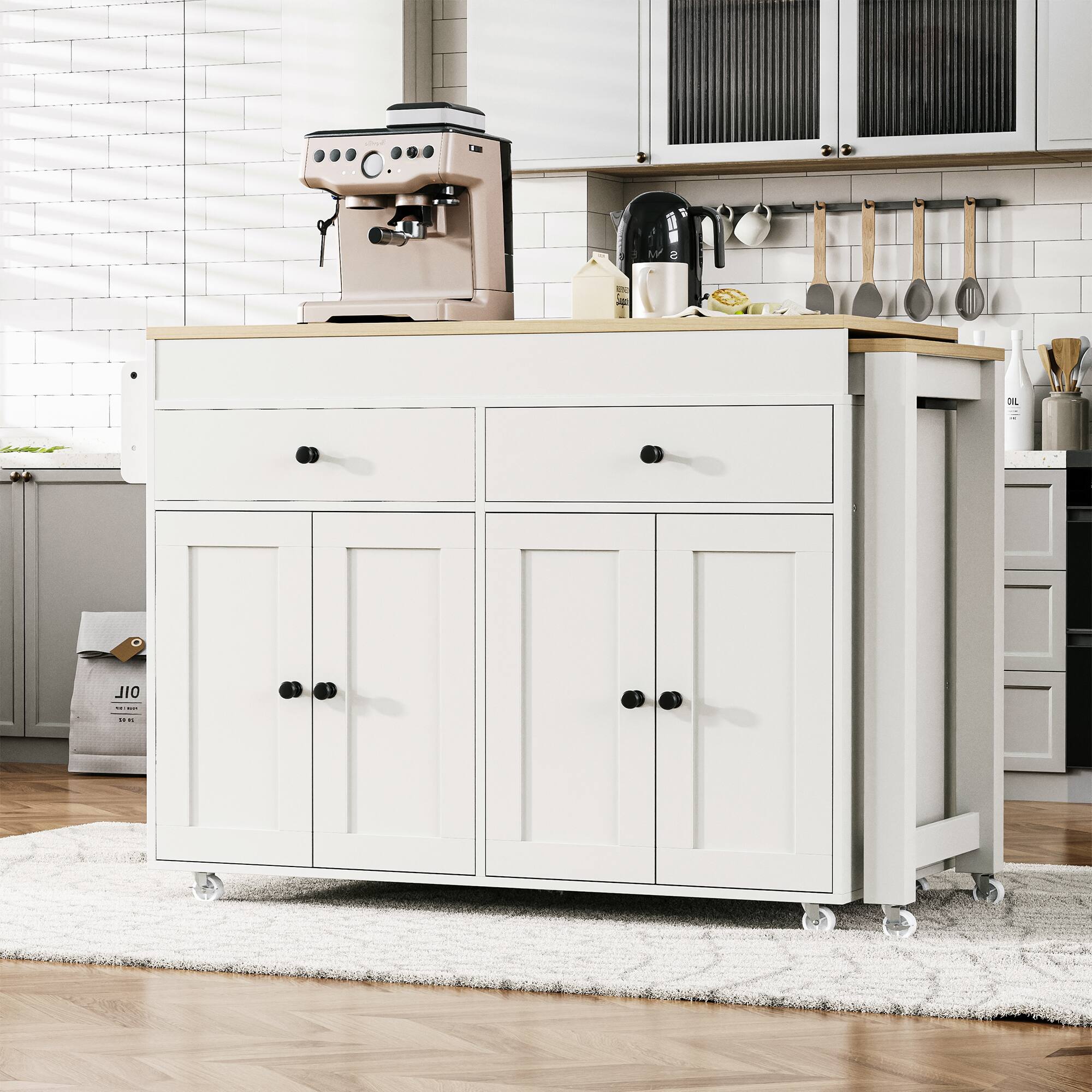 Front. PexFix - 74.5" Kitchen Island with Extendable Dining Table - Rolling Cart with 4-Door Cabinet, 2 Drawers & Spice Rack - White.