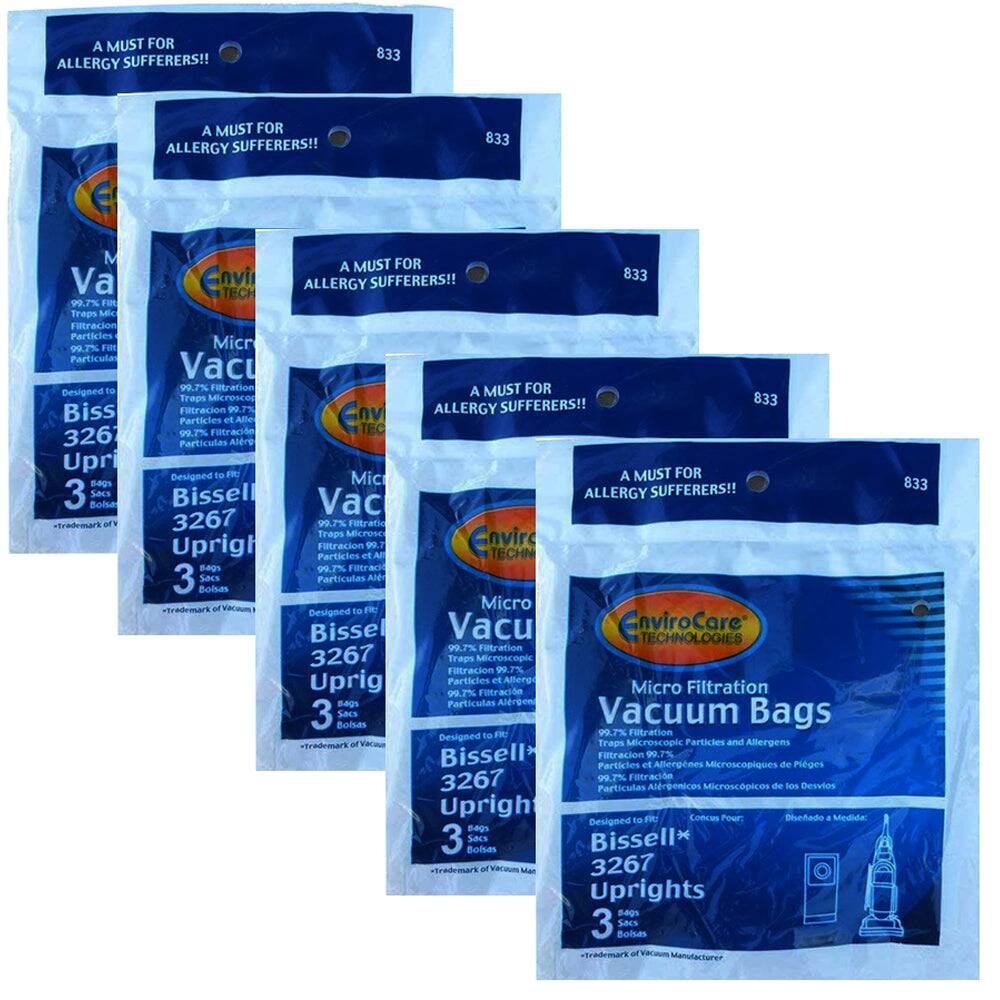 A MUST FOR ALLERGY SUFFERERS!!  
833  

EnviroCare TECHNOLOGIES  
Micro Filtration Vacuum Bags  

99.7% Filtration traps Microscopic Particles and Allergens  
99.7% Filtration Particulas Microscopiques et Allergenes  

Designed to fit Bissell 3267 Uprights  
3 Bags  

Bissell 3267 Uprights  
3 Bolsas  

Trademarks of Bissell Vacuum Manufacturer