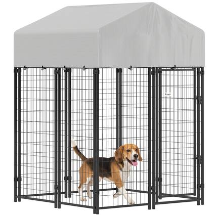 Front. Pawhut - Dog Kennel with Roof - Silver.