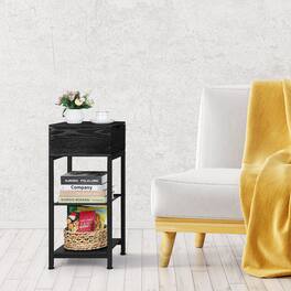 Oumilen - 3-Tier Tall End Table with Lift-Top Storage & Built-In Power Outlets - Black