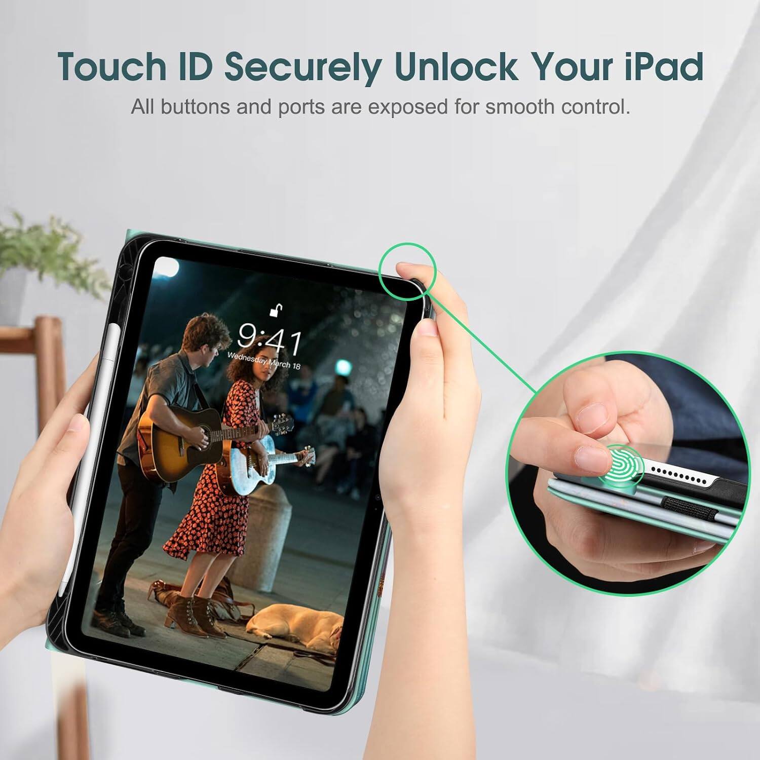 Touch ID Securely Unlock Your iPad  
All buttons and ports are exposed for smooth control.  

Wednesday 9:41 March 18