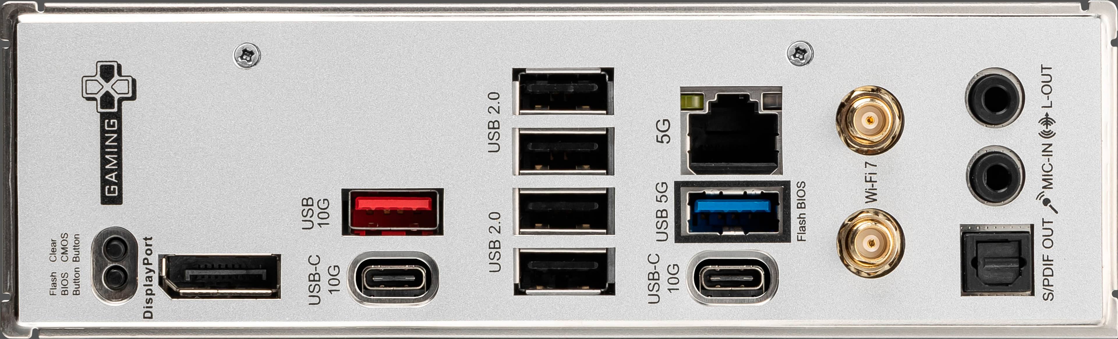 The text on the image reads:
USB 10G USB-C 10G 2.0 USB 2.0 USB 5G 5G USB USB-C 10G BIOS Flash 7 Wi-Fi L-OUT MIC-IN OUT S/PDIF
This text describes the various ports and features of the device, including USB ports, USB-C ports, DisplayPort, and Wi-Fi capabilities. The presence of a BIOS Flash button and a Clear CMOS button indicates that the device has additional options for customization and troubleshooting.