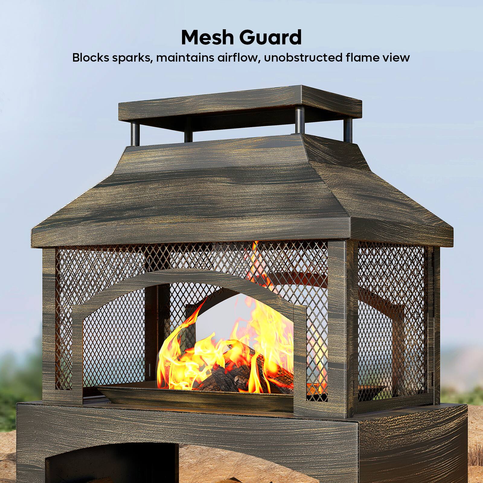 Mesh Guard  
Blocks sparks, maintains airflow, unobstructed flame view