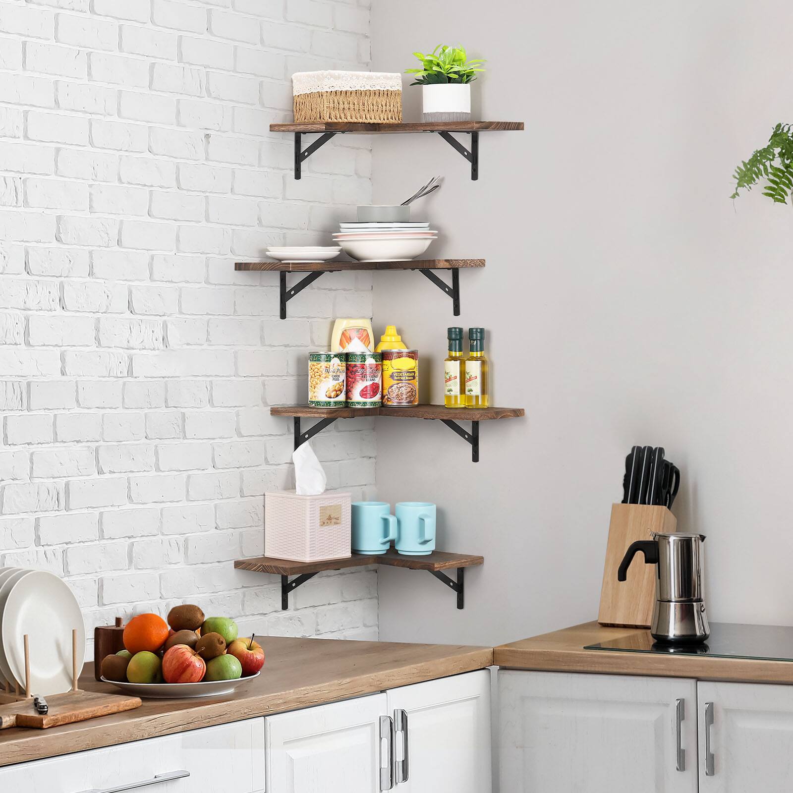 Alt View 1. Oumilen - Set of 4 L-Shaped Burnt Wood Corner Floating Shelves with Black Brackets - Brown.