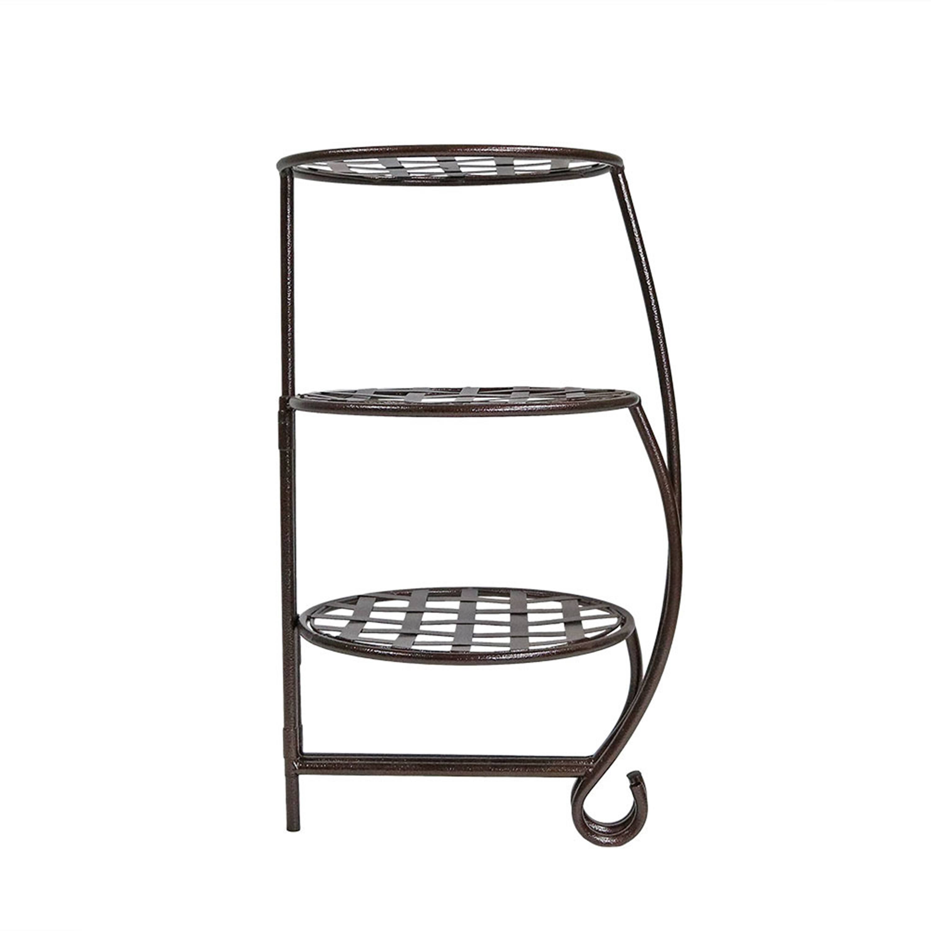 Alt View 7. Sunnydaze - 3-Tier Triple Plant Stand with Checkered Base - 24 in - Set of 2 - Bronze.