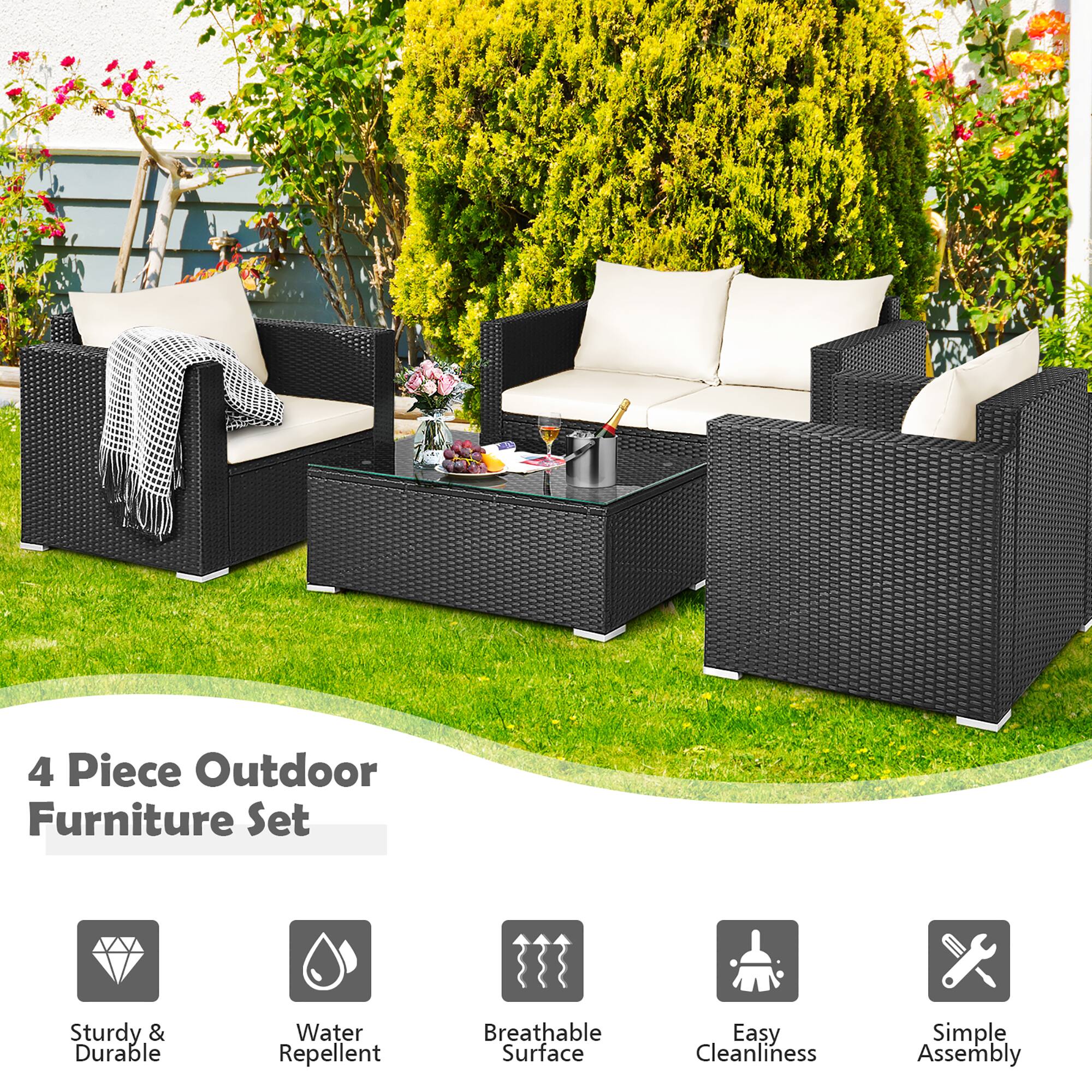 4 Piece Outdoor Furniture Set

- Sturdy & Durable
- Water Repellent
- Breathable Surface
- Easy Cleanliness
- Simple Assembly
