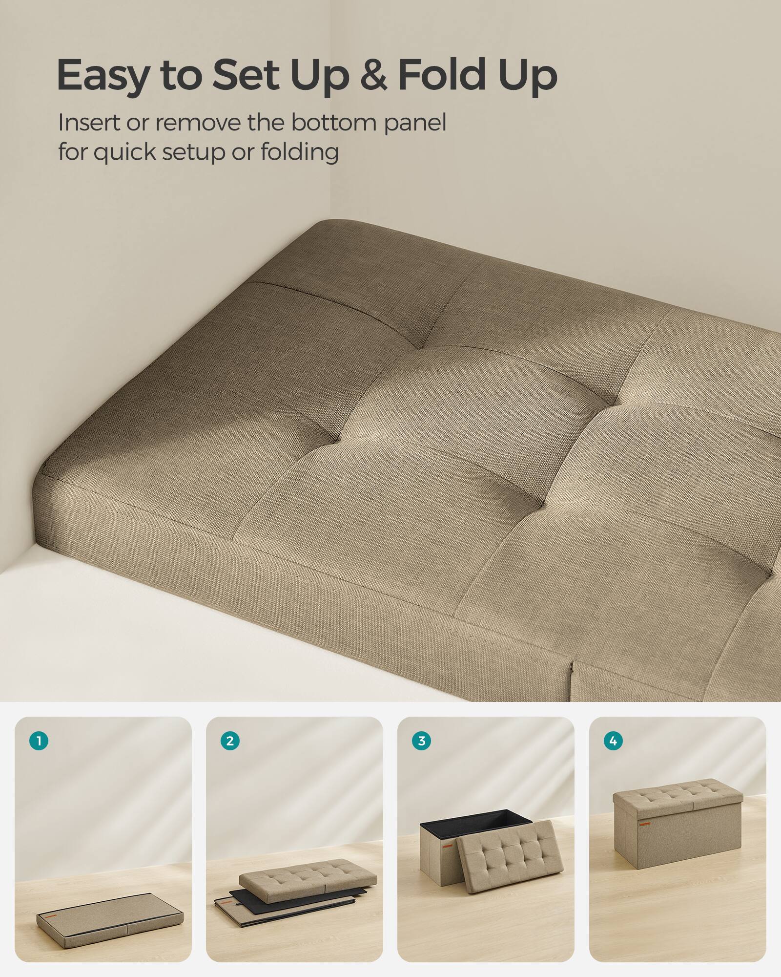 Easy to Set Up & Fold Up

Insert or remove the bottom panel for quick setup or folding

1. 2. 3. 4.