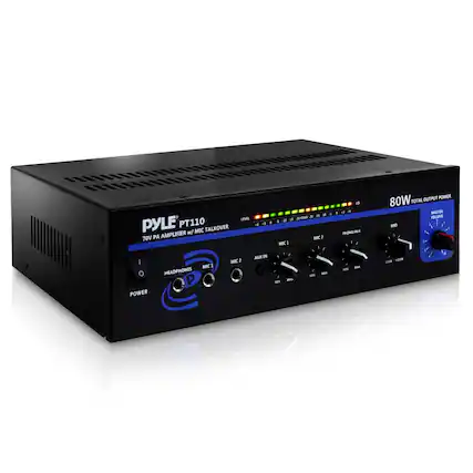 PYLE PT110
70V PA AMPLIFIER W/ TALKOVER
80W TOTAL OUTPUT POWER
LEVEL
-4 -3 -2 -1 0 1 2 3 4 5 6 7 8 9 10
PHONO/AUX
MIC 1
MIC 2
AUX IN
MID
C 1
C 2
MASTER VOLUME
HEADPHONES
MIC
MIC 2
AUX
POWER