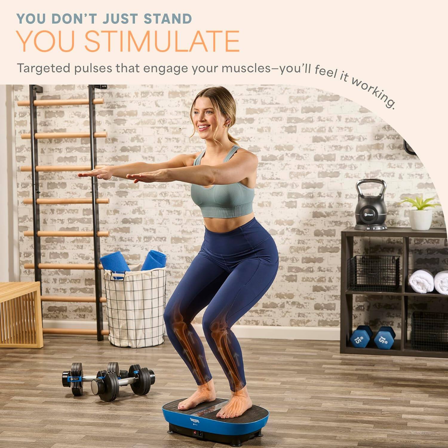 YOU DON'T JUST STAND  
YOU STIMULATE  

Targeted pulses that engage your muscles—you'll feel it working.