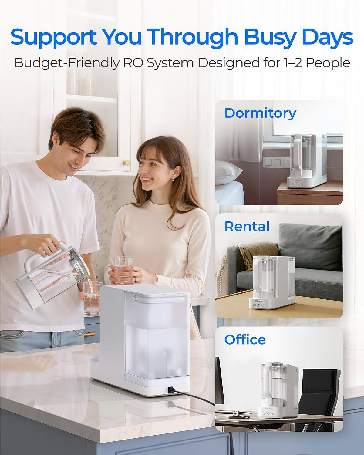 Support You Through Busy Days  
Budget-Friendly RO System Designed for 1-2 People

- Dormitory
- Rental
- Office