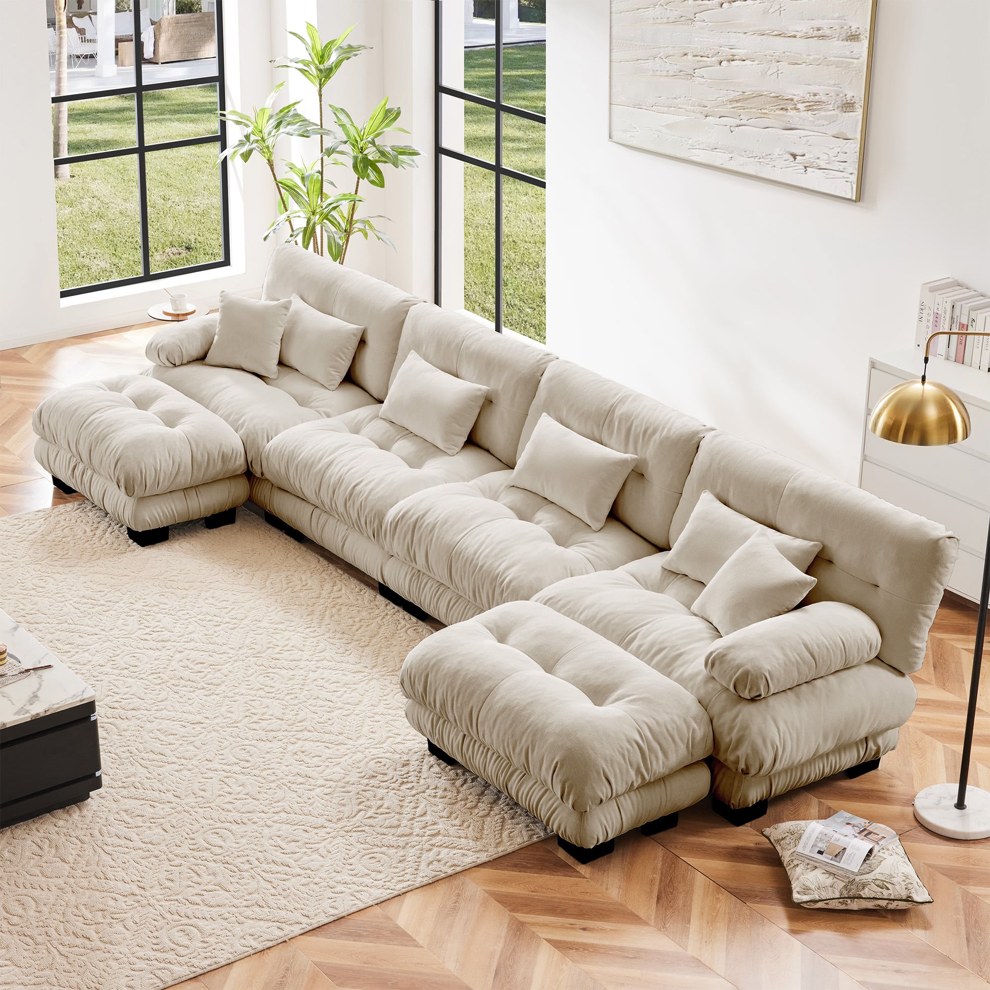 DOMETOUR - Free Combination Modular Sectional Sofa,U Shaped Couch for Living Room, 4-Seater Comfy Cloud Couch with 2 Ottomans - Chenille Light coffee