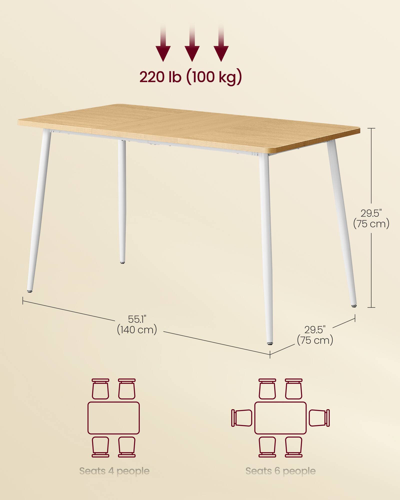 220 lb (100 kg)  
29.5" (75 cm)  
55.1" (140 cm)  
29.5" (75 cm)  
Seats 4 people  
Seats 6 people