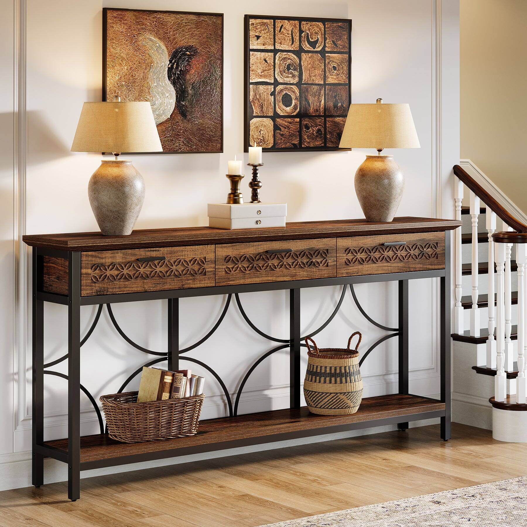 Back. Tribesigns - Console Table with Engineered Wood Construction and Storage Shelves for Entryway and Living Room - Brown.